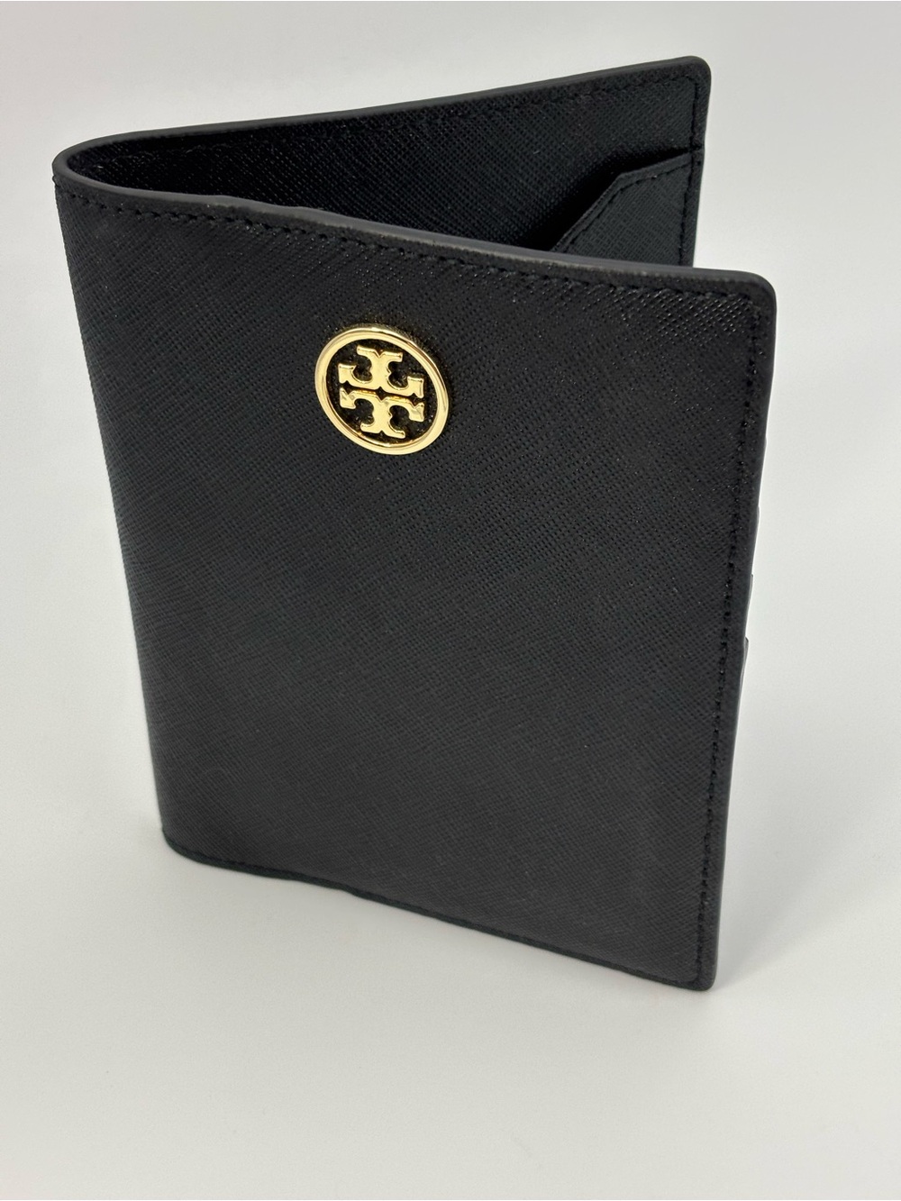 Tory Burch Black Saffiano Leather Card & Passport Holder with Gold Logo